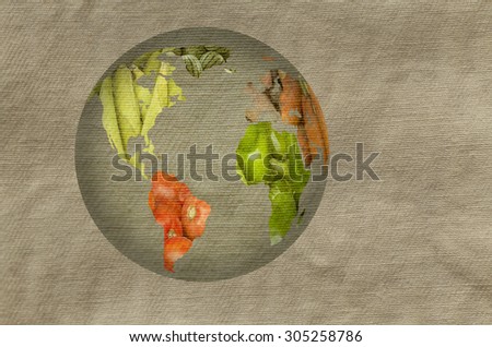 World map collage of lots of popular fruits and vegetables