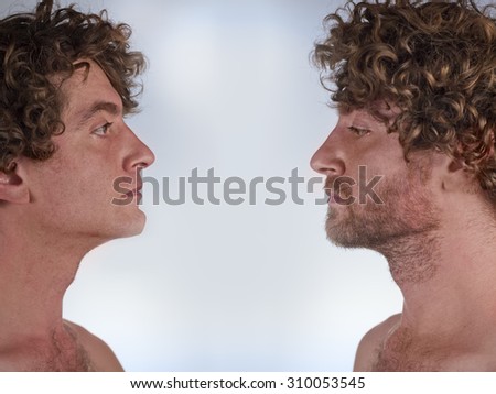 Half shaved man looking at himself with and without a beard