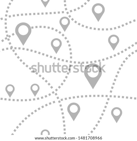 Map, routes, beacons, seamless pattern, monochrome, white, vector. Gray beacons on a white field. Thin dotted route.