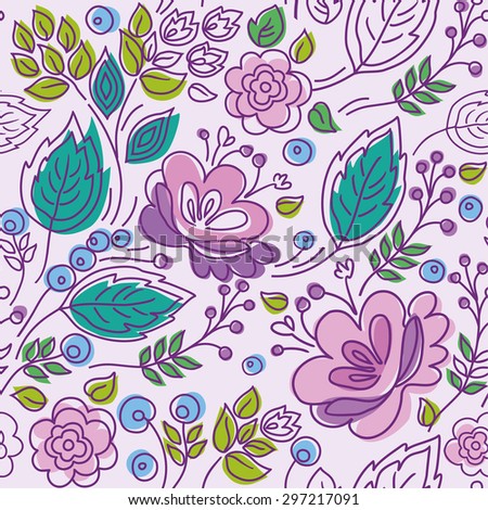 Seamless pattern, lilac, purple outline, pink flowers, emerald leaves. Seamless pattern with pink flowers, blue and purple berries and seeds, green leaves on a lilac background.