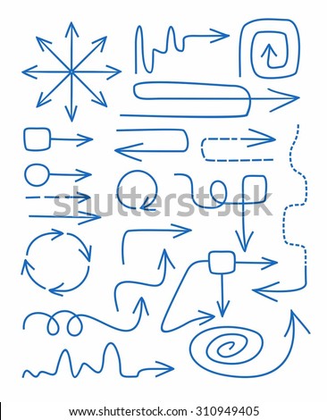 Arrows, blue, hand-drawn, fine, straight, rotation, spiral, circular, infographics. Blue thin arrows, hand-drawn, straight, rotary, circular, spiral. On a white background. For infographics, charts.  