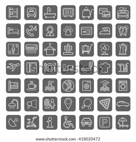 Vector icons of hotel services. Linear white image on a gray background. One color, flat. 