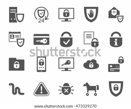 Protection of information, icons, monochrome. Information technology, data security system. Vector flat icons on white background.  