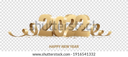 Happy New Year 2022. Golden 3D numbers with ribbons and confetti , isolated on transparent background.