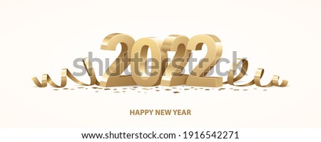 Happy New Year 2022. Golden 3D numbers with ribbons and confetti on a white background.