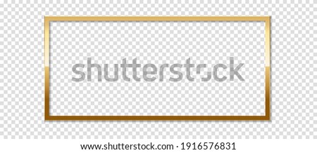 Square golden frame with shadow, isolated on transparent background. Golden border design.
