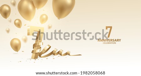 7th Anniversary celebration background. 3D Golden numbers with bent ribbon, confetti and balloons. 
