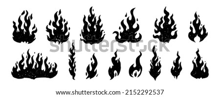 Set of hand drawn fire flames, isolated on white background. Vector illustration.