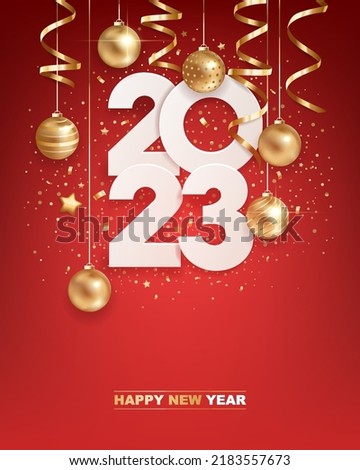 Happy new year 2023. White paper numbers with golden Christmas decoration and confetti on  red background. Holiday greeting card design.