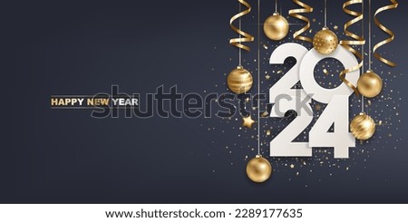 Happy new year 2024. White paper numbers with golden Christmas decoration and confetti on  dark blue background. Holiday greeting card design.