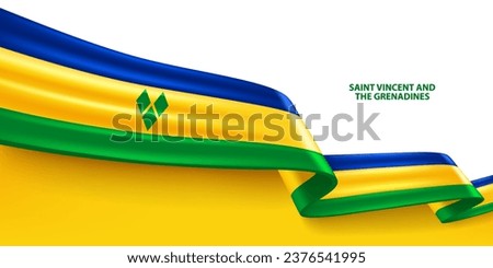 Saint Vincent and the Grenadines 3D ribbon flag. Bent waving 3D flag in colors of the Saint Vincent and the Grenadines national flag. National flag background design.