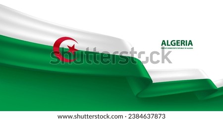 Algeria 3D ribbon flag. Bent waving 3D flag in colors of the Algeria national flag. National flag background design.