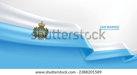 San Marino 3D ribbon flag. Bent waving 3D flag in colors of the San Marino national flag. National flag background design.