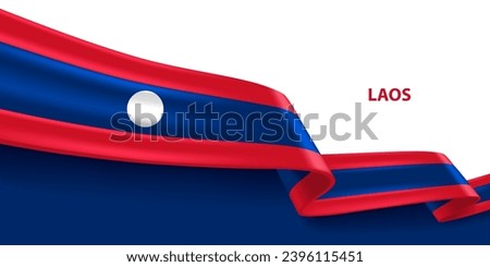 Laos 3D ribbon flag. Bent waving 3D flag in colors of the Laos national flag. National flag background design.