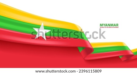 Myanmar 3D ribbon flag. Bent waving 3D flag in colors of the Myanmar national flag. National flag background design.