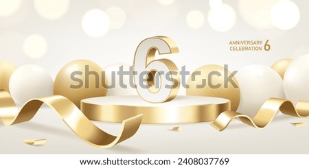 6th Anniversary celebration background. Golden 3D numbers on round podium with golden ribbons and balloons with bokeh lights in background.