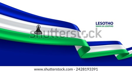 Lesotho 3D ribbon flag. Bent waving 3D flag in colors of the Kingdom of Lesotho national flag. National flag background design.