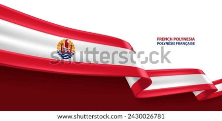 French Polynesia 3D ribbon flag. Bent waving 3D flag in colors of the French Polynesia flag. Flag background design.