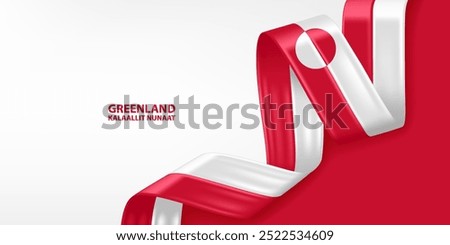 Greenland 3D ribbon flag. Bent waving 3D flag in colors of the Greenland flag. Greenland flag background design.