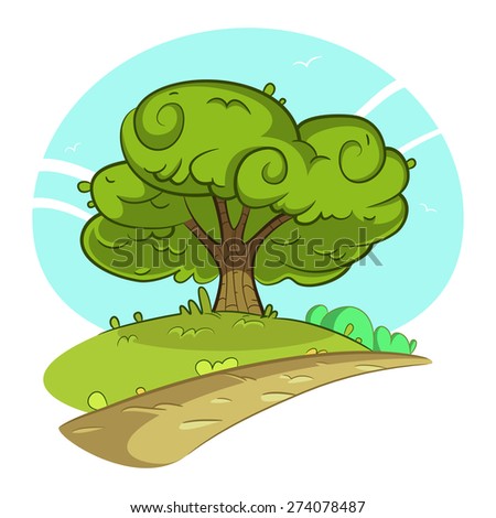Cartoon illustration of the tree by the road. Summer landscape.