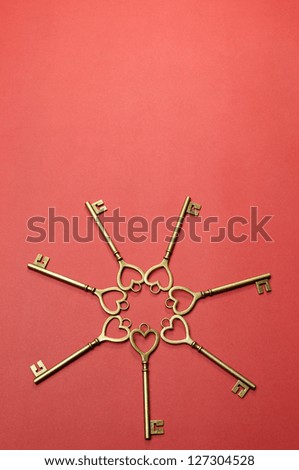 Circle of Keys for \'keys to my heart\', \'keys to my success\' or business \'key performance indicators\' concept, on red background. Vertical with copy space for your text here.