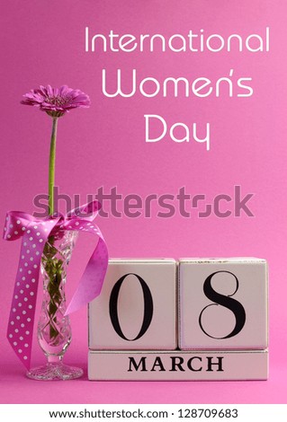 Pink theme, save the date white block calendar for International Women\'s Day, March 8, decorated with flower, vase and polka dot ribbon. Vertical with title message.