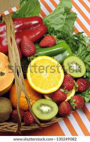 Healthy diet - sources of Vitamin C - oranges, strawberry, bell pepper capsicum, kiwi fruit, paw paw, spinach dark leafy greens and parsley. Vertical.