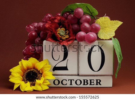 Save the Date white block calendar for October 20 with autumn fall colors, fruit and flowers theme for birthdays, individual special occasions, holidays and events.