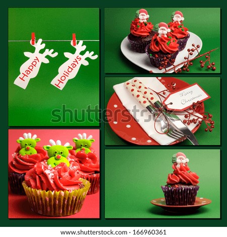 Green theme Christmas collage of cupcakes with santa and reindeer faces with Happy Holidays bunting, and festive table setting.