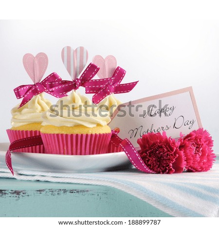 Happy Mothers Day aqua blue vintage retro shabby chic tray with pink cupcakes with pink hearts and ribbon decoration and gift tag