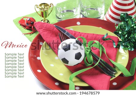 Soccer football party table in red white and green team colors.