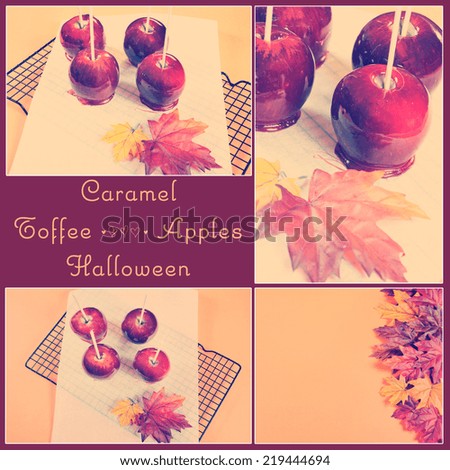 Retro vintage style caramel toffee apples for Autumn Fall Halloween party trick or treat with sample text.