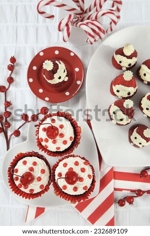 Christmas holiday dessert party food in modern red and white trend - vertical.
