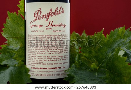 ADELAIDE, SOUTH AUSTRALIA - FEBRUARY 23, 2015: Bottle of Australian premium wine, Penfolds Grange Hermitage, Bin 95, vintage 1988, bottled 1989 in the Barossa Valley, South Australia.