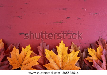Autumn Fall background for Thanksgiving or Halloween with leaves and decorations on rustic wood table with copy space for your text here.