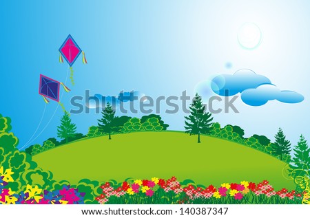 Vector illustration of a sunny day with long green fields away from city, this is used for for any industry to represent pieceful life away from cities  and indicates the holidays, and happy life.