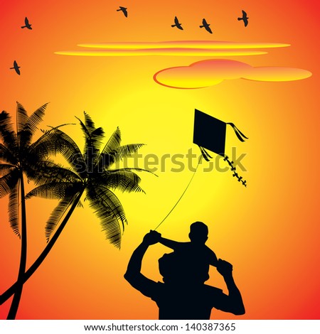 A Vector illustrates a Joyful dad and son playing with kite during sunset/sunshine in their holidays or weekends, this vector can be used as poster, brochure, magazines, websites, presentations