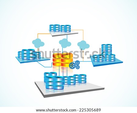 Vector illustration of Data warehousing and represents data integration, data extract, load and transformation from one database to other through data warehouse, big data servers