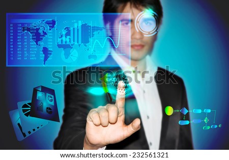 Business man touching virtual screen with business data and process