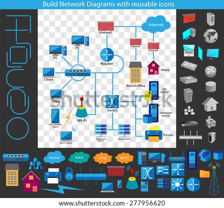 Concept of building a Network diagram, Build your own network diagrams through a complete collection of reusable network symbols available in Flat and 3D 