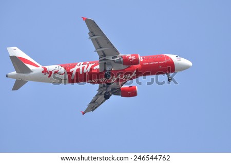 BANGKOK -JAN 19: Thai Air Asia Low Cost Airline Registration HS-ABT Type: Airbus A320-216 Engine: 2x CFMI CFM56-5B6/3 prepare for landing at DON MUEANG AIRPORT on January 19, 2558 Bangkok, Thailand.