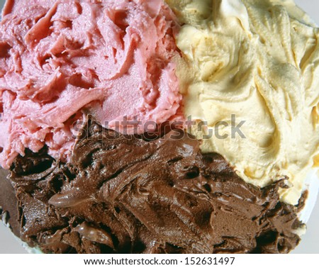 Assorted flavors of Italian ice cream with strawberry, chocolate and vanilla