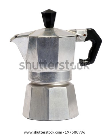 Metal coffee percolator for brewing Italian espresso coffee on a hot plate, wood stove or hob isolated on white