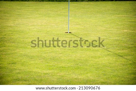 Landscape view of the manicured green grass of a putting green and hole on a golf course