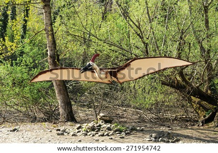 April 10, 2015 Prehistoric Park, Rivolta D\' adda, Lombardy, Italy : Full Length of Pteranodontidae Cretaceous Winged Dinosaur Model with Outstretched Wings