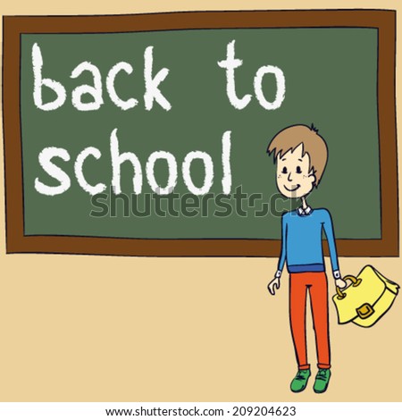 hand drawn cartoon little boy staying near school chalkboard with words Back to school, colorful isolated design object