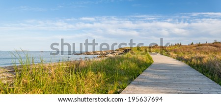 Panorama of wood path at the beach  (Crystal Crescent Beach, Nova Scotia, Canada)