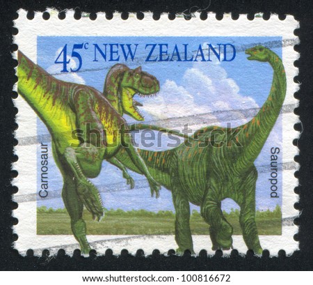 NEW ZEALAND - CIRCA 1993: stamp printed by New Zealand, shows Carnosaur and Sauropod, circa 1993