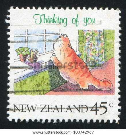 NEW ZEALAND - CIRCA 1991: stamp printed by New Zealand, shows Thinking of You, Cat looking out window and the curtain, circa 1991