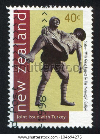 NEW ZEALAND - CIRCA 1998: stamp printed by New Zealand, shows Statue Depicting Turkish Soldier Carrying Wounded Anzac, circa 1998